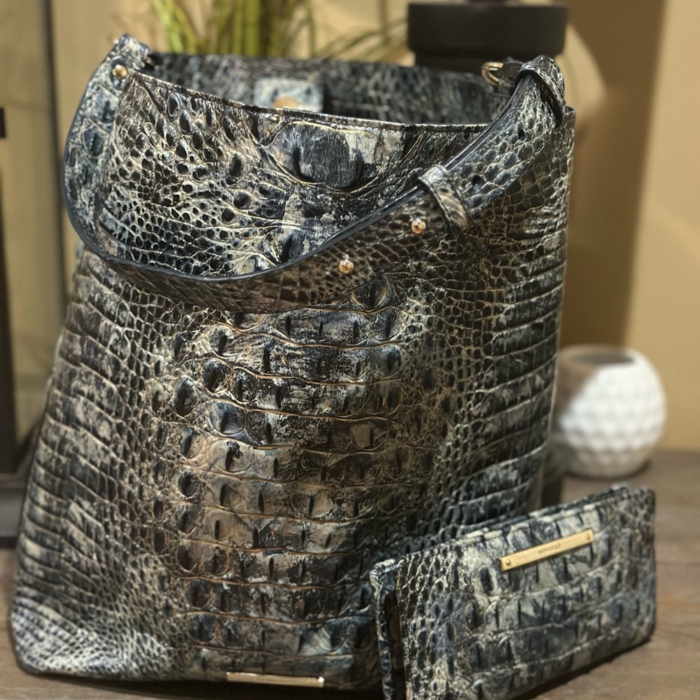 Crocodile-Embossed Black and Gray Brahmin Bag and wallet
